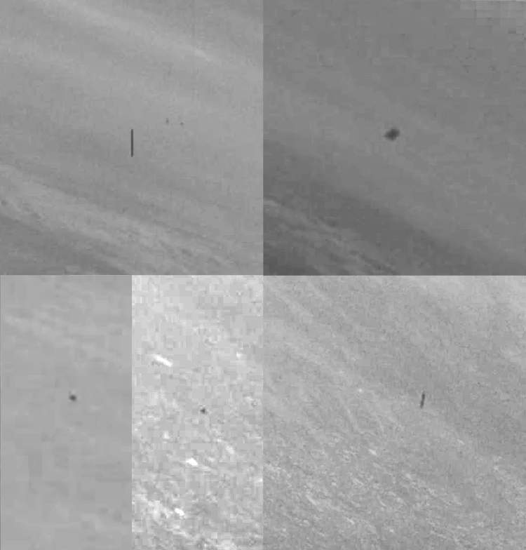 Intrigerende cilindervormige UFO op NASA-ruimtefoto gemaakt door een astronaut van de Apollo 9 in 1969 - zwartwit
